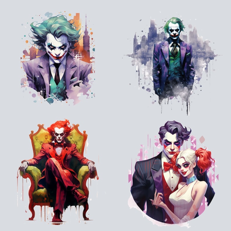 May include: Four digital illustrations of the Joker character from the Batman comics. The first image shows the Joker in a purple suit with a green shirt and a green tie. The second image shows the Joker in a purple suit with a green shirt and a green tie. The third image shows the Joker in a red suit with a white shirt and a red tie. The fourth image shows the Joker in a purple suit with a red shirt and a red tie.