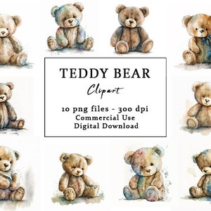 Teddy Bear Clipart - 10 High Quality PNGs - Digital Download - Commercial Use, Card Making, Mixed Media, Digital Paper Craft, Nursery Art