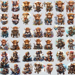 Pu&ograve; includere: Una collezione di 48 illustrazioni digitali con una variet&agrave; di personaggi stravaganti, tra cui volpi, mucche delle Highlands e scimmie, tutte vestite con abiti steampunk. Le illustrazioni sono realizzate in uno stile ad acquerello e presentano dettagli intricati, come ingranaggi, ruote dentate e altri elementi meccanici.