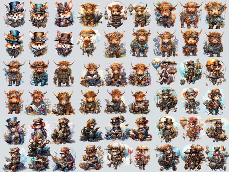 Pu&ograve; includere: Una collezione di 48 illustrazioni digitali con una variet&agrave; di personaggi stravaganti, tra cui volpi, mucche delle Highlands e scimmie, tutte vestite con abiti steampunk. Le illustrazioni sono realizzate in uno stile ad acquerello e presentano dettagli intricati, come ingranaggi, ruote dentate e altri elementi meccanici.