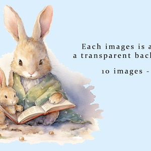 May include: Two brown rabbits, one larger than the other, are sitting on a white surface. The larger rabbit is wearing a green jacket and holding an open book. The smaller rabbit is looking at the book. There are small brown objects scattered around the rabbits.