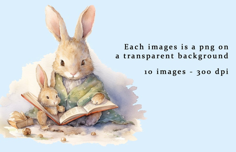 May include: Two brown rabbits, one larger than the other, are sitting on a white surface. The larger rabbit is wearing a green jacket and holding an open book. The smaller rabbit is looking at the book. There are small brown objects scattered around the rabbits.