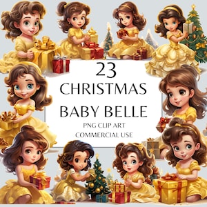 Baby Princess Belle Clipart, Christmas Princess Belle Clipart, Christmas Clipart, Fantasy Fairytale Princess Clipart, Christmas PNG