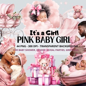 Black Baby Girl Bundle, Watercolor Clipart,Baby Shower, Newborn Baby, Clipart Baby, Nursery PNG Gender Reveal Clipart Bundle Digital Instant