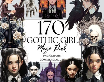 Gothic Girl Clipart Watercolor Wednesday Clipart Halloween Family Clipart PNG Dark Academia Clipart, Haunted House Clipart, Creepy Girl PNG