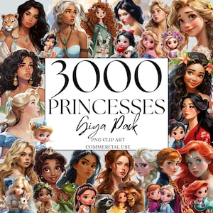 Märchenprinzessin Clipart Giga Pack mit 3000 Fantasy-Feenprinzessin + Babyprinzessin PNG, Aquarell-Märchen-Clipart, Sofortiger Download
