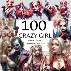 Crazy Girl Clipart, PNG, volle kommerzielle Nutzung, Aquarell Fantasy Vigilante Clipart, Sofortiger Download, Bösewicht Clipart, Anti-Held Clipart PNG