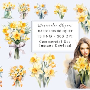 Daffodils Bouquet Watercolor Clipart, Pack of 13 PNG with Transparent Background, Commercial Use, Instant Donwload, Daffodils Cliparts