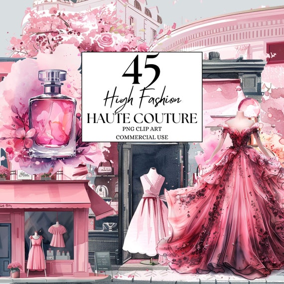 High Fashion Clipart Haute Couture Clipart Pink Paris Clipart French Fashion, Watercolor Romantic Paris Street, PNG Eiffel Tower Clipart