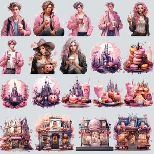 May include: A digital collage featuring various illustrations of fairytale castles, sweets, and characters. The collage is in a pink and white color scheme and features a variety of whimsical elements.