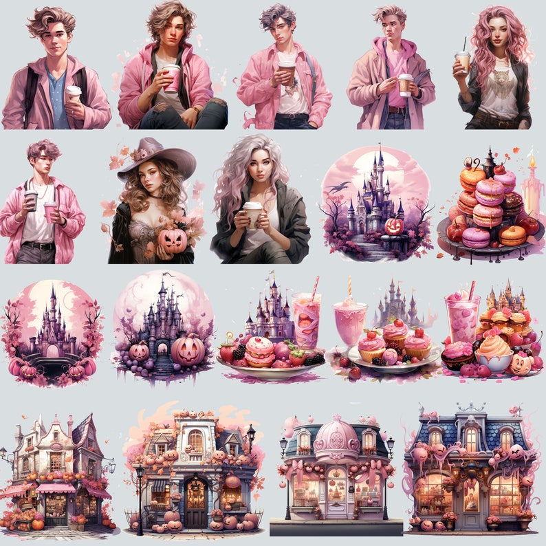 May include: A digital collage featuring various illustrations of fairytale castles, sweets, and characters. The collage is in a pink and white color scheme and features a variety of whimsical elements.