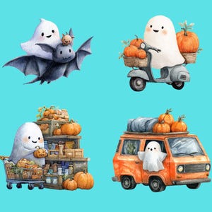 May include: Watercolor illustrations of Halloween-themed characters. A ghost rides a scooter with pumpkins, another drives an orange van, and a third pushes a shopping cart filled with pumpkins. A ghost and bat fly together.