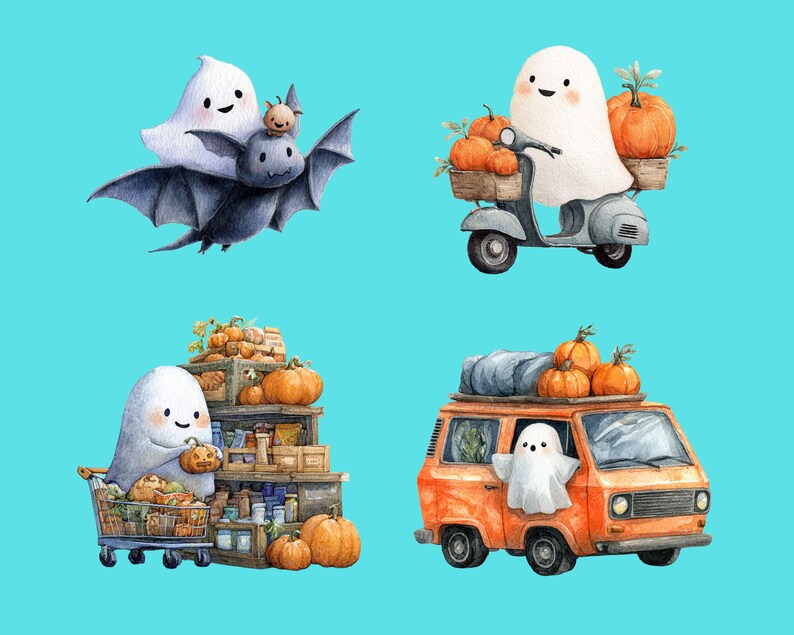 May include: Watercolor illustrations of Halloween-themed characters. A ghost rides a scooter with pumpkins, another drives an orange van, and a third pushes a shopping cart filled with pumpkins. A ghost and bat fly together.