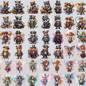 Pu&ograve; includere: Un collage digitale di 48 immagini con personaggi fantasiosi a tema steampunk e fatato. I personaggi includono orsi, procioni e fate, tutti con dettagli intricati e colori vivaci.