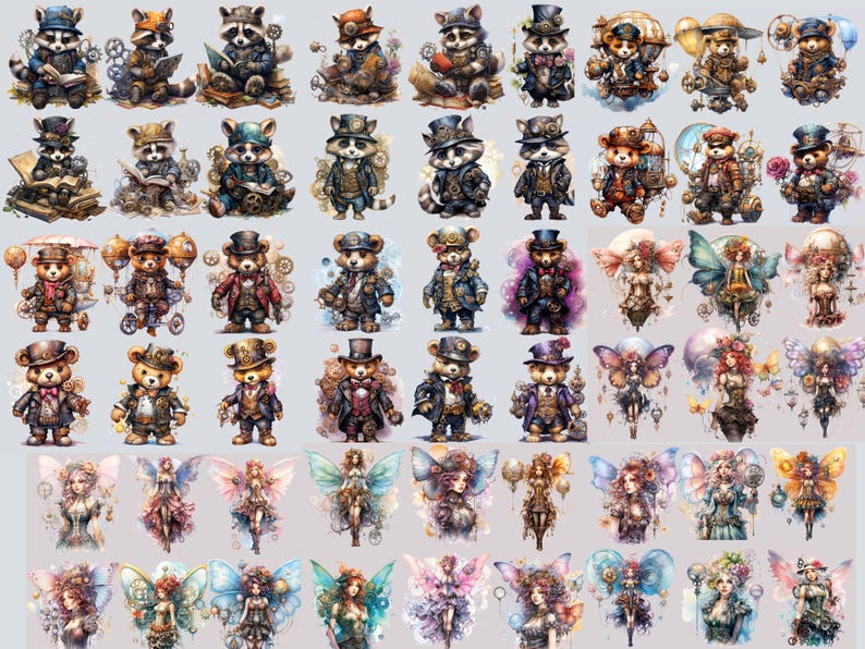 Pu&ograve; includere: Un collage digitale di 48 immagini con personaggi fantasiosi a tema steampunk e fatato. I personaggi includono orsi, procioni e fate, tutti con dettagli intricati e colori vivaci.