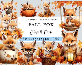Autumn Fox Clipart Watercolor Funny Fox, Halloween Fox PNG Fox Illustrations, Digital Paper, Printable, Nursery Decor Kittens Clipart PNG