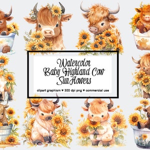 Highland Cow Clipart Cow Sunflowers Clipart Baby Highland Cow PNG Nursery Art Highland Cow Print Instant download Cow Floral clipart