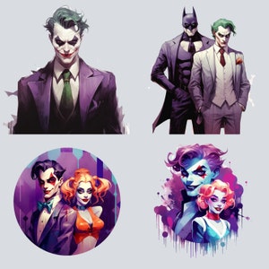 May include: A digital illustration of four characters from the Batman and Joker comic book series. The first image shows the Joker in a purple suit with a green jacket. The second image shows Batman and the Joker standing side by side. The third image shows a Joker with a purple suit and a Harley Quinn with a red and black costume. The fourth image shows a Joker with a blue suit and a Harley Quinn with a blue and white costume.