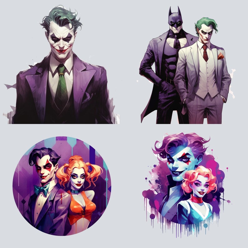 May include: A digital illustration of four characters from the Batman and Joker comic book series. The first image shows the Joker in a purple suit with a green jacket. The second image shows Batman and the Joker standing side by side. The third image shows a Joker with a purple suit and a Harley Quinn with a red and black costume. The fourth image shows a Joker with a blue suit and a Harley Quinn with a blue and white costume.