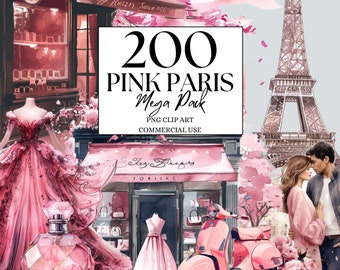 Könnte beinhalten: Eine digitale Illustration eines rosa Paris-Grafikdesign-Pakets. Das Bild zeigt einen rosa Eiffelturm, einen rosa Roller, ein rosa Ladengeschäft, ein rosa Kleid und eine rosa Parfümflasche. Der Text "200 PINK PARIS Mega Pack" wird in der Mitte des Bildes angezeigt.