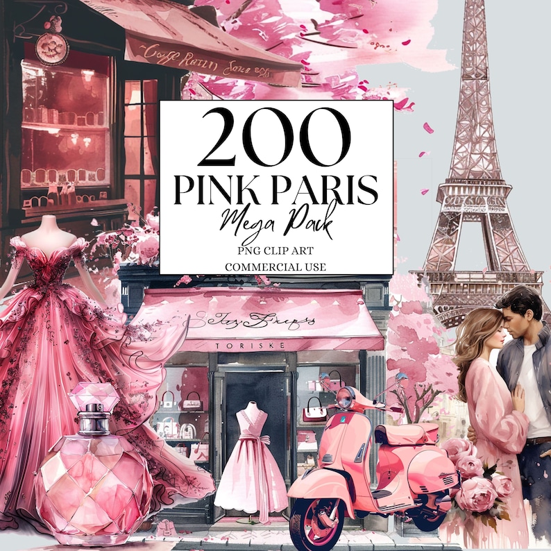 May include: A digital illustration of a pink Paris themed graphic design pack. The image features a pink Eiffel Tower, a pink scooter, a pink storefront, a pink dress, and a pink perfume bottle. The text "200 PINK PARIS Mega Pack" is displayed in the center of the image.
