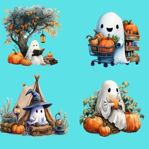 May include: Watercolor illustrations of friendly ghosts enjoying autumn activities. One ghost reads under a tree with pumpkins, another shops with a cart, a third camps, and the last sips a drink with pumpkins.