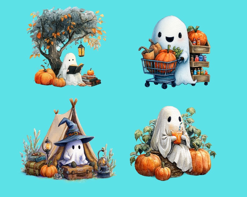 May include: Watercolor illustrations of friendly ghosts enjoying autumn activities. One ghost reads under a tree with pumpkins, another shops with a cart, a third camps, and the last sips a drink with pumpkins.