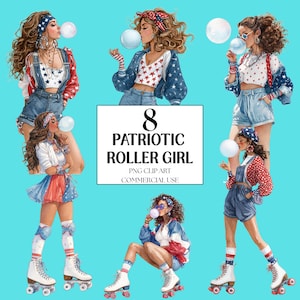 4th of July Girl Clipart, Patriotic Roller Girl Clipart, Independence Day, 4th of July, American Art, Printable Watercolor Junk Journal