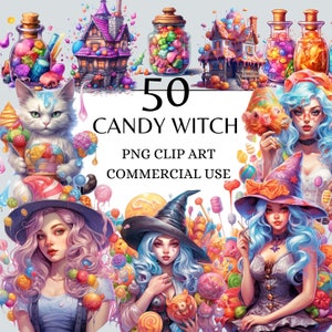 May include: A set of 50 digital clip art images featuring a whimsical candy witch theme. The images include a cat holding a candy ice cream cone, a witch with blue hair and a purple dress, a witch with pink hair and a blue dress, and a witch with blue hair and a white dress. The images are perfect for creating invitations, cards, and other crafts.