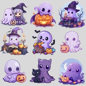 May include: A set of nine cute cartoon ghost illustrations. The ghosts are purple and white and are holding pumpkins, candy, and other Halloween-themed items. The illustrations are perfect for use on Halloween cards, invitations, and decorations.