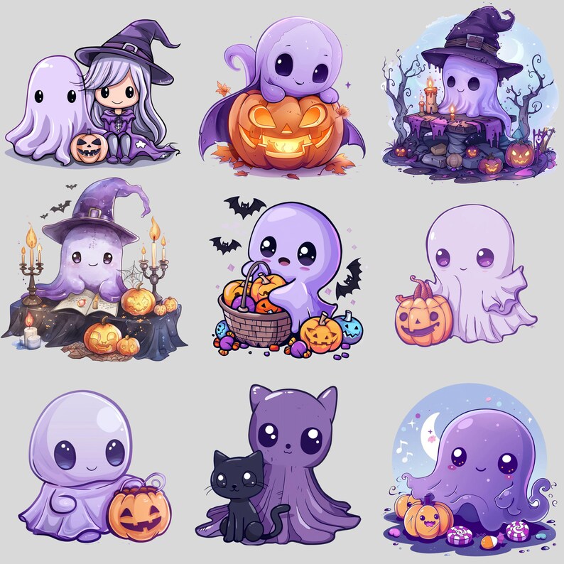 May include: A set of nine cute cartoon ghost illustrations. The ghosts are purple and white and are holding pumpkins, candy, and other Halloween-themed items. The illustrations are perfect for use on Halloween cards, invitations, and decorations.