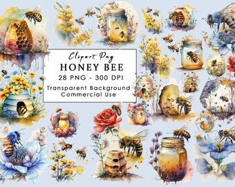 Watercolor Honey Bee, Bee clipart, Bee PNG, Bee art, Bee, digital Bee, Pack of 28 PNG, Transparent Background, Commercial Use, Honey Bee Art
