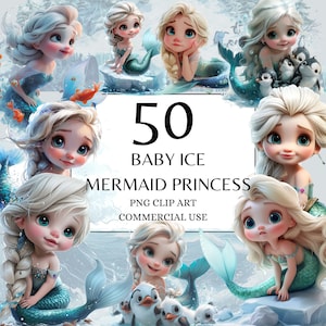 Baby Ice Princess Mermaid Clipart, PNG, Full Commercial Use, Watercolor Fantasy Fairytale Clipart, with Instant Download, Ice Castle