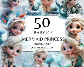 Baby Princess Elsa Mermaid Clipart, PNG, Full Commercial Use, Watercolor Fantasy Fairytale Clipart, with Instant Download, Ice Castle