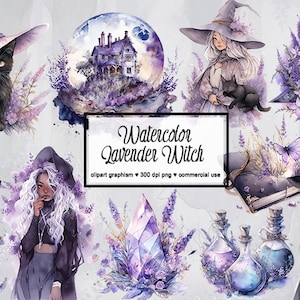 Lavender Witch Watercolor Clipart, Magical clipart, Witchcraft Bundle PNG, Mystical clipart, Blue witch Purple Witch Instant Download