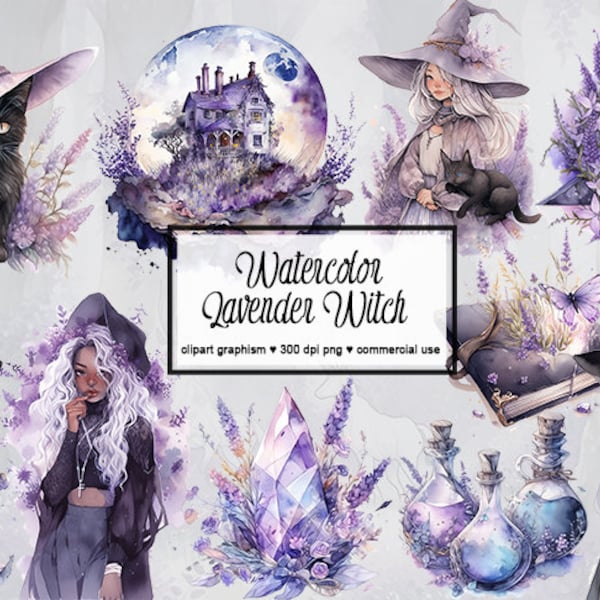 Lavender Witch Watercolor Clipart, Magical clipart, Witchcraft Bundle PNG, Mystical clipart, Blue witch Purple Witch Instant Download