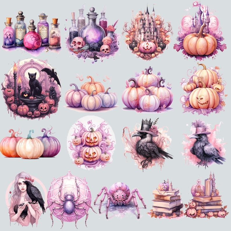 May include: A digital collage of Halloween themed illustrations featuring pumpkins, spiders, bats, cats, potions, and castles. The illustrations are in a whimsical style with a pink and purple color scheme.