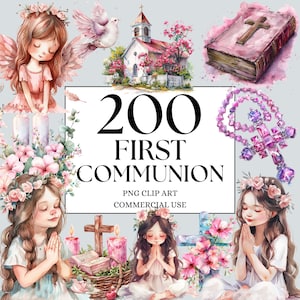 Watercolor First Communion Clipart, Watercolor Clipart First Communion for Girls, religion, floral, Bible, Rosary, Cross, Primera comunion