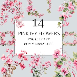 Pink Ivy Flower Watercolor Clipart, Boho Minimalist Wedding Invitation PNG, Digital download bundle, Modern Bouquet Frame, Floral Wreath