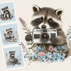 Raccoon Photographer Clipart, Raccoon Print, Instant Download, Commercial Use, Watercolor Photograph Clipart, Nursery Art Raccoon PNG