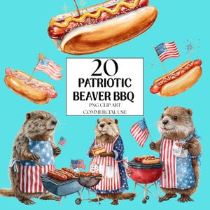 Clipart de barbacoa del 4 de julio, clipart de perrito caliente patriótico, clipart de castor patriótico, clipart de bandera estadounidense, clipart del Día de los Veteranos, clipart del Día de los Caídos