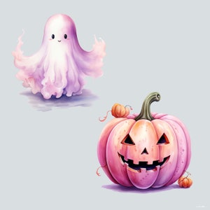 May include: A pink ghost with a friendly face and a pink pumpkin with a jack-o'-lantern face. The pumpkin has a stem and two small orange pumpkins on top.