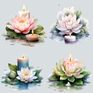 May include: Four candles and water lilies in a serene setting. The candles are lit and surrounded by water lilies with green leaves. The candles are white, beige, and blue.