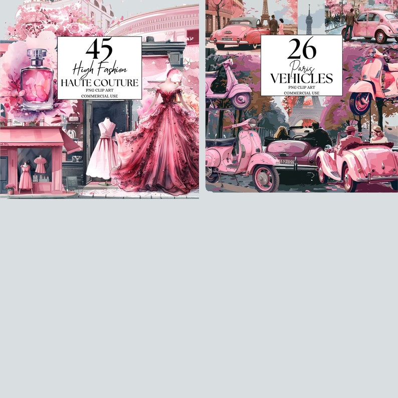 May include: Two sets of digital illustrations. The first set features 42 pink and red haute couture dresses. The second set features 26 pink and white Paris vehicles, including cars and scooters.