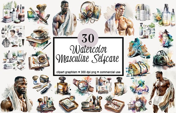 Masculine Selfcare Clipart Skincare Routine Clipart Sport Man Gym Clipart Relax Clipart Parfume Clipart Spa Clipart Feel Good Clipart