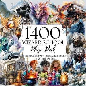 May include: A digital collection titled 1400 WIZARD SCHOOL Mega Pack 1200 PNG CLIP ART + 200 BACKGROUNDS COMMERCIAL USE, featuring watercolour-style illustrations of dragons, owls, a steam train, a castle, a cauldron, and various fantasy creatures.
