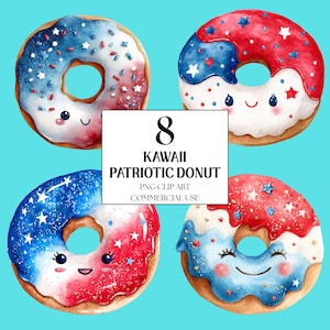 Imágenes prediseñadas de donas del 4 de julio, imágenes prediseñadas de donas kawaii, imágenes prediseñadas de donas patrióticas kawaii, imágenes prediseñadas de postres del 4 de julio, imágenes prediseñadas de donas americanas