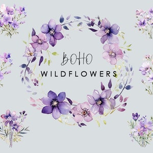 Clipart ad acquerello di fiori selvatici, invito a nozze minimalista Boho PNG, pacchetto di download digitale, cornice bouquet moderna, ghirlanda floreale