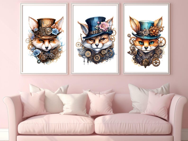 Pu&ograve; includere: Tre stampe incorniciate di illustrazioni di volpi con elementi steampunk. Ogni volpe indossa un cappello a cilindro con ingranaggi e ruote dentate attorno al collo. Le volpi sono in tonalit&agrave; di marrone, arancione, blu e bianco.