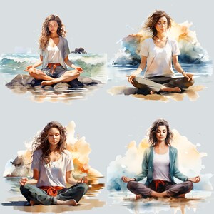 May include: Four women are sitting in a meditative pose on the beach. Each woman is wearing a white shirt and has long brown hair. The women are sitting on rocks and sand, with the ocean in the background. The image is painted in a watercolor style.